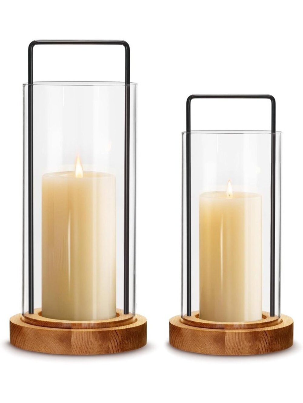 Set of 2 Modern Farmhouse Hurricane Candle Holders with Wood Base & Metal Handle